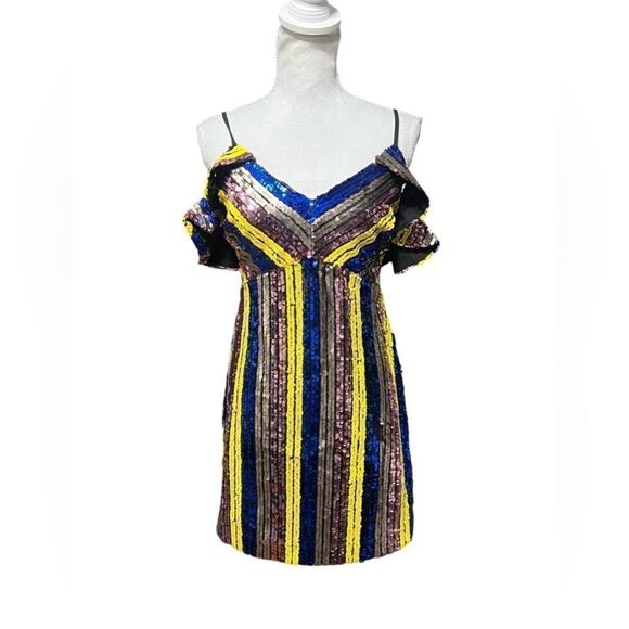NWT Boston Proper Sequin cocktail Party Mini Dress Blue Gold 4 - Picture 2 of 7